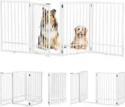 HIDOG Metal Freestanding Dog Gate with Door, Extra Wide 81", 31" Height Foldable Dog Gates for Doorways, Tall Pet Fence Indoor Outdoor Pet Gates, 4 Panels Pet Barrier for Stairs Hallways, White