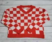 Treasure & Bond Red Fiery White Checkered Crop Sweater Girls Size XL (14/16)