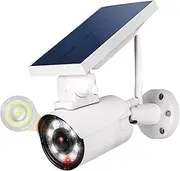Fake Camera with Light, 360° Rotatable Dummy Security Surveillance CCTV Camera, Super Bright Outdoor Waterproof Solar Motion Sensor Light with Red Flashing Warning Light for Home Security (White)