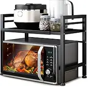 YOZOTI Microwave Oven Rack, 2-Tier Expandable Microwave Stand Countertop Kitchen Utensils Tableware Storage, Carbon Steel Over Microwave Shelf Countertop with 6 Hooks
