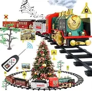 Remote Control Train Set,Sound and Lights Smoke Steam Locomotive Engine Train with Railway Kits,Traffic Sign,Christmas Tree for 3 4 5 6 7 8+ Year Old Kid