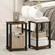 [Furinno] Simplistic Compact Bedside Table, Nightstand, Amber Pine/Black, Set of 2