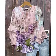 Women's Blouse Floral Graphic Paisley Bohemia Vintage Daily Long Sleeve 3/4 Length Sleeve Flutter Sleeve V Neck Regular Tops Daily Holiday Vacation Wear Ruffle