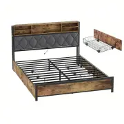 NNETM Queen Size Bed Frame with Drawers, Shelf, Headboard & Charging Station(Brown)