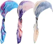 [DINPREY] Pre Tied Wide Head Scarf for Women Long Turban Head Wraps Headbands Cancer Chemo Bandana Headscarf Hat Cap, Tie Dye 3 Pcs J, One size