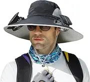 [Generic] Outdoor Wide Brim Sun Hat, Solar Fan Hat Wide Brim Solar Fan Hats with 2 Solars Fans for Men Women Sun Bucket Fishing Hats