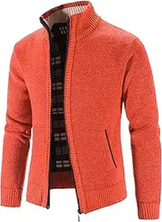 [Gsywaipei] Men's Thick Knitted Cardigan Winter Zip Up Male Knit Sweater Jacket Casual Collar Knits Sweaters Coat, Orange Red, 3X-Large