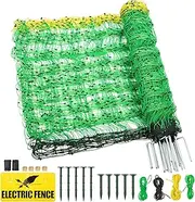 [TMEE] Electric Fence Netting Goat Sheep Fencing Livestock Netting Fence with 14 Posts Double Spiked, Portable Mesh for Lambs, Deer, Hogs, Dogs in Backyards, Farms and Ranches, 35.5" H x 164' L, Green