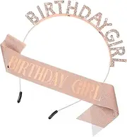 [ValueBargain] Happy Birthday Sash for Girls, Kids, Glitter Birthday Girl Accessories Crown and Sash Headband Tiara for Women, Girls (Rose Gold)