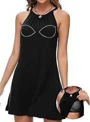 [Joyshaper] Built in Bra Summer Dress Casual Beach Sundress Flowy Halter Dress