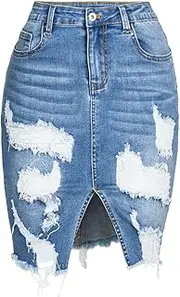 [Zozogag] Ripped Bodycon Jeans Skirt for Women High Waist Sexy Skirts Womens Spring Summer Midi Skirt