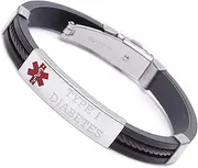 [linnalove] IMID PRE-Engraving-Type 1 Diabetes Black Sports Medical Alert id Bracelets