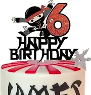 Happy 6th Birthday Cake Topper - Kung FU Ninja Themed Karate Boy Girl Baby Shower Glitter Party Cake Decoration - Six Years Old Birthday Party Decor