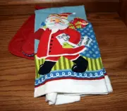 Set of 3 Santa Kitchen Set 1 Towel + 1 Hotpad + 1 Ovenmitt Santa's List Good Bad