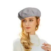 Women French Wool Beret Hats - Reversible Solid Color Classic Beanie Grey