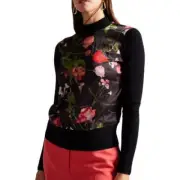 NWT Ted Baker Black & Red Floral Blouse Sweater Mock Neck Ruffle 20" P2P Small
