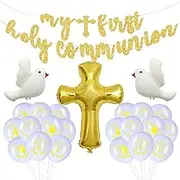 First Holy Communion Decorations Kit -My First Holy Communion Banner,Cross Balloon,White Dove Balloons, Latex Balloons for Religious Church Celebration Decor