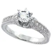 Women Sterling Silver Rhodium Plated Vintage Style Solitaire Engagement?Ring 5mm