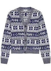 Ganni Logo-intarsia Wool-blend Cardigan - Blue - S (UK8-10 / S) S (UK8-10 / S)