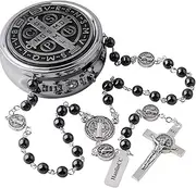 [HanlinCC] 6mm Hematite Stone Black Beads Catholic Saint Benedict Rosary Necklace for Men and Boy With St.Benedict Center Piece and Crucifix, Zinc Alloy, Copper, Metal Gift Box