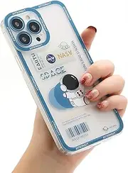 for iPhone 13 Mini Clear Cute Case, Cool Cartoon Astronaut Space Planet Moon Design Stylish TPU Bumper Shockproof Anti-Slip Protector Transparent Case(iPhone 13 Mini, Blue Moons)
