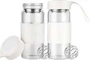 TELAIN Shaker Proteinshake Glass Jugs for Fitness, 2 Pack 16 oz BPA-free, odourless shaker bottle with 304 stainless steel mixing ball and detachable cleaning brush for protein shakes (White-2 Pack)