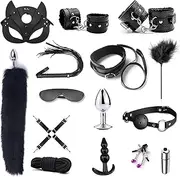 BDSM Restraints Sex Toys 15pc Bondage Restraints Set Fetish Bed Restraints Kits for Beginners Light SM Adult Games Safe BDSM Cuffs Nipple Clamps Flogger Ball Gag Blindfold Rope Black Cosplay