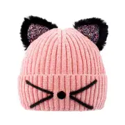 Kids Girls Sequin Cat Ears Hats Winter Knitted Beanie 7-12 Years Cat Ears Pink