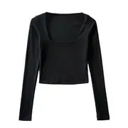 Long-Sleeve Square Neck Plain Cropped T-Shirt Black - S