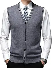 [SWJGLITTR] Men's Sleeveless Sweater Cardigan Wool Blend V Neck Buttons Vest Cable Knit Big and Tall Cardigan Vest, Grey, 3X-Large