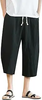 [Generic] Mens Cotton Linen Harem Capri Pants Lightweight Wide Leg Drawstring Elastic Waist Baggy Trousers with Pockets