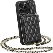 LAMEEKU Compatible with iPhone 13 Pro Wallet Case, Quilted Leather Crossbody with Chain Strap for Women Shockproof Cover for iPhone 13 Pro, 6.1 Inch-Black
