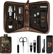 RBX Men's Grooming Kit - 10 Pcs Deluxe Set - Nail Clippers, Nose Hair Trimmer, Tooth Brush, Scissors - Black, Stainless Steel