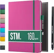 B5 Bullet Dotted Journal Notebook by STM | Thick Bleedproof 160gsm Paper, 150 Pages | Lay Flat Vegan Leather Hardcover | 2 Bookmarks, Printed Page numbers | Black Pen | 7 x 10 in | Pink