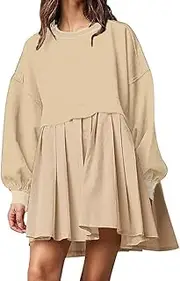 [PURPEARL] Women Oversized Sweatshirt Dress Long Sleeve Crewneck Patchwork Pleated Relaxed Fit Pullover Tops Baggy Mini Dresses
