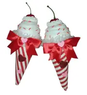 Set 2 Shabby Cottage Valentines Red & White Whimsy 8" Ice Cream Cones Ornaments