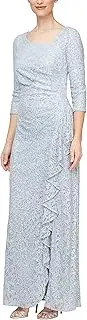 [Alex Evenings] Women's Long 3/4 Sleeve, Mother of The Bride Dress W/Cascade Ruffle and Front Slit, (Petite and Regular Sizes), Hydrangea Sleeve, 8
