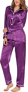 [SWOMOG] Womens Silk Satin Pajamas Long Sleeve Loungewear Two-Piece Sleepwear Button-Down Pj Set