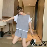 在飛比找momo購物網優惠-【HanVo】現貨 休閒舒適棉質假兩件上衣套裝(韓版休閒圓領