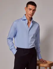 Hawes & Curtis Blue Cotton Twill Slim Curtis Shirt | High Collar Size: Medium