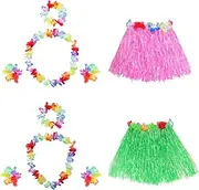 2 Sets Elastic Hawaiian Hula Grass Skirt with Flower Leis Bracelets Headband Necklace Costume Set for Dance Women Beach Party