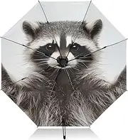 [PDZRMY] UV Protection Travel Umbrella Funny Raccoon Head Compact for Rain and Sun - Auto Open and Close UPF 50+ Windproof Portable 46” Sun Umbrella for Women and Men