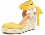 [Ermonn] Womens Espadrille Platform Wedge Sandals Closed Toe Lace Up Ankle Strap Shoes