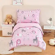 URBONUR 4-Piece Toddler Bedding Set - Ultra Soft Cartoon Pink Zoo Animals Girls Toddler Comforter Set - Include Comforter, Flat Sheet, Fitted Sheet and Reversible Pillowcase, Pink Animal