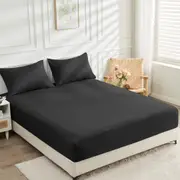 2000TC Cooling Bamboo Fitted Sheet Pillowcases Set LINENOVA(Single,Black)