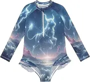 [Joitme] Stellar Taurus Blue Girls Bathing Suits, Zipper Front Toddler Girl Bathing Suit, UV Protection, Girls Bathing Suit Size 3