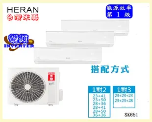 含標準安裝禾聯變頻冷暖5坪+8坪壁掛1對2分離式冷氣HM3-SK65H/HI-SK28H/SK41H