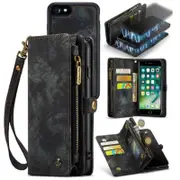 CaseMe For Apple iPhone 7 /8 Zipper & Detachable Retro Leather Pouch Wallet Flip Purse Bag Detachable Phone Case Cover (Black)