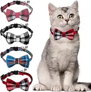 Giantree 4Pcs Cat Collars Bow Tie with Bell, Breakaway Kitten Collar for Cats Cute Plaid Design Adjustable Pet Collars 7-12inch for Kitten Cats and Small Dogs