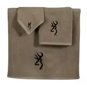 Browning Buckmark 8pc Bath Accessory Set Khaki Terrycloth Towels Brown/Tan Resin